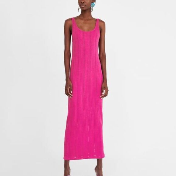 Zara Pink Stripe Bodycon Maxi Sweater Dress Size S Sleeveless - Picture 1 of 9